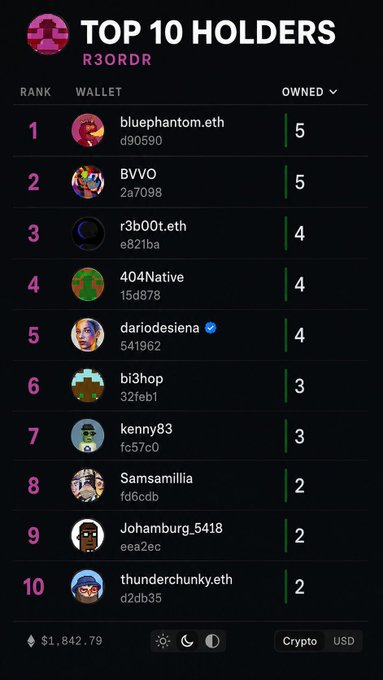 A leaderboard titled 'TOP 10 HOLDERS' for R3ORDR, listing crypto wallets like bluephantom.eth and BVVO alongside their NFT counts, with a floor price of $1,842.79.