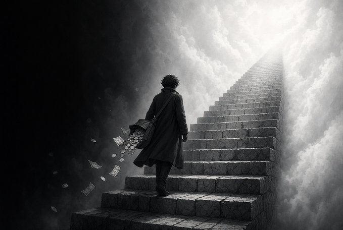 A monochromatic illustration of a person carrying a bag of coins, climbing a stone staircase into bright clouds.