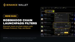 The image is a Binance Wallet promotional graphic highlighting Meme Rush's "Robinhood Chain Launchpad Filters," which allows users to discover on-chain tokens with virtual protocol, AI, and RWA categories, alongside a preview of the Binance Wallet interface. It supports the post's announcement that every Virtuals Protocol agent on Robinhood Chain is now discoverable through the Meme Rush feature.