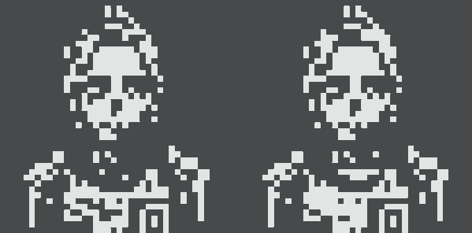 Two identical pixelated white skull figures wearing collared shirts displayed side by side against a dark background.