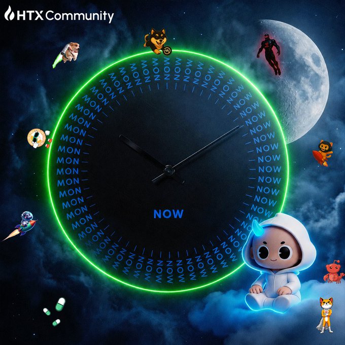 A promotional graphic from HTX Community featuring a large glowing green clock displaying "NOW" in a starry night setting, surrounded by various cartoon characters and a moon.