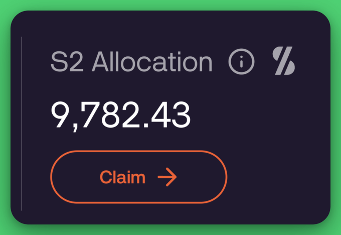 A digital dashboard displaying 'S2 Allocation' of 9,782.43 with an orange 'Claim' button on a dark background.