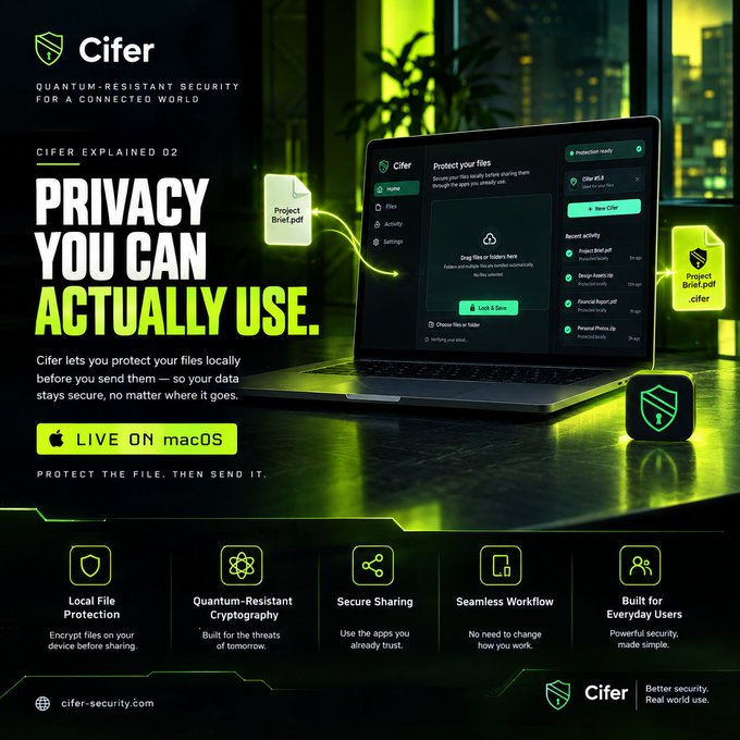 A promotional graphic for Cifer Security features the headline "PRIVACY YOU CAN ACTUALLY USE" in bold green and white text, highlighting their quantum-resistant security for macOS, alongside a sleek laptop displaying their file protection interface with floating "Project Brief.pdf" documents. The bottom showcases five key features including Local File Protection, Quantum-Resistant Cryptography, Secure Sharing, Seamless Workflow, and Built for Everyday Users, reinforcing the post's message about starting security at the file level.