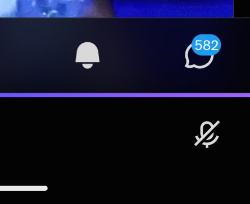 A mobile interface displays a white bell icon, a messaging icon with a blue notification badge reading '582', and a crossed-out microphone icon.