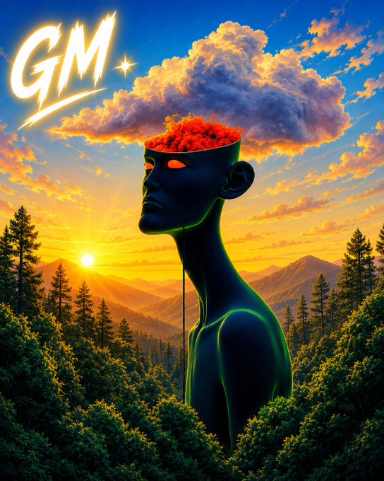 A vibrant digital illustration featuring a stylized figure in profile with an open head filled with red flowers, set against a sunset landscape of mountains and pine forests, with 'GM' glowing in the sky.