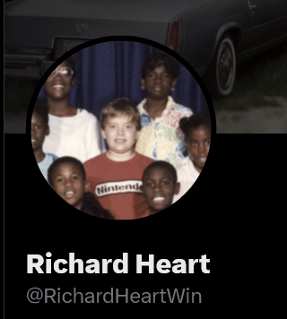 The image shows a Twitter/X profile for "Richard Heart" with the handle "@RichardHeartWin," featuring a childhood group photo where a young boy in a Nintendo shirt stands among other smiling children. The post humorously misspells the name as "Richard Fart" while promoting the $hex token on the Solana blockchain with a contract address, using the nostalgic childhood photo as a playful personal touch.