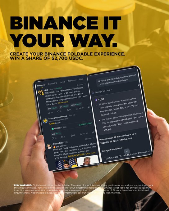 A promotional advertisement for Binance reads 'BINANCE IT YOUR WAY. CREATE YOUR BINANCE FOLDABLE EXPERIENCE' and showcases a foldable smartphone displaying the Binance app interface.
