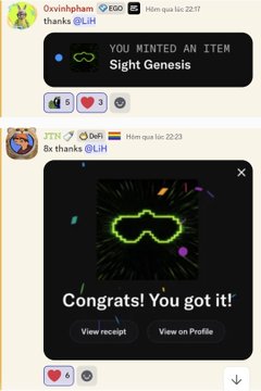 A screenshot of a chat shows a notification 'YOU MINTED AN ITEM Sight Genesis' followed by a congratulatory message 'Congrats! You got it!' with options to view the receipt or profile.