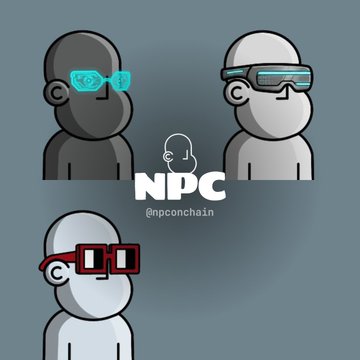 The image features a cartoon depiction of three people wearing futuristic glasses with a grid pattern. The first person wears a gray shirt and red glasses, the second person has a white shirt and blue glasses, and the third person wears a black shirt and silver glasses. Above them is a logo for @npconchain, which appears to be a collection of different types of tools or gadgets. The post also mentions that the vision of @npconchain is focused on creating grid makers, GIF makers, and straight-to-zero maker NPC chains.