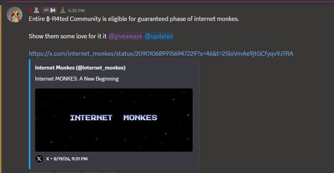 The image shows a Discord message announcing that the "8-R4ted Community is eligible for guaranteed phase of internet monkes" and directing users to follow @giveaways and @updates for more info, with an embedded tweet showing pixelated "INTERNET MONKES" branding.

The post relates to the image by highlighting perceived discrimination between alpha groups and broader communities like the 8-R4ted Community, noting that while some projects offer FCFS whitelist allocations, smaller communities like 8-R4ted have to pay $110 for guaranteed spots in projects like @NODESonBase.