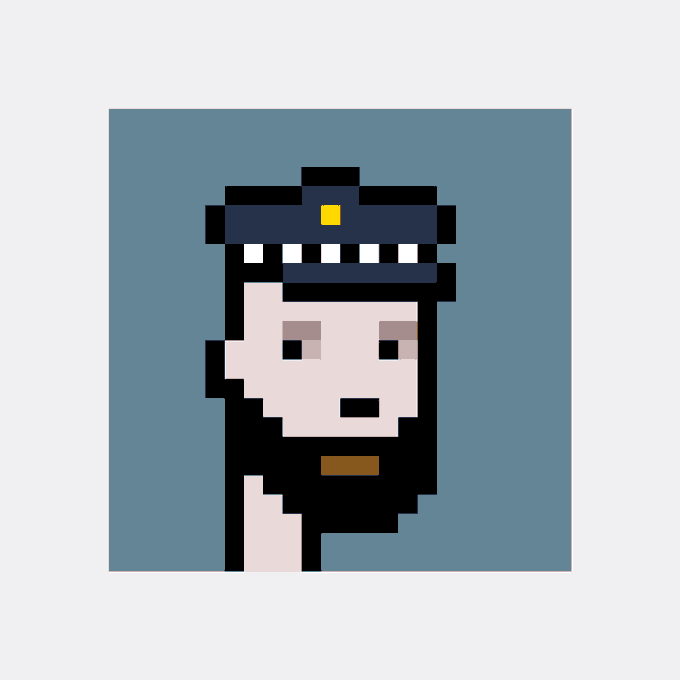 A pixel art portrait of a bearded man wearing a dark cap with a yellow emblem, set against a blue background.