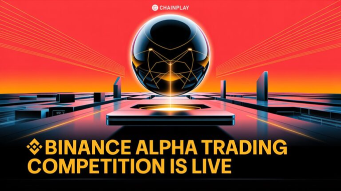 An announcement graphic featuring a glowing sphere atop a futuristic landscape, announcing that the "BINANCE ALPHA TRADING COMPETITION IS LIVE." The image visually complements the text by showcasing a high-tech, digital aesthetic appropriate for a Binance crypto trading event.
