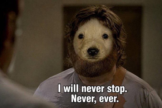 A meme image features a figure with a human body and a dog-like face, with white text at the bottom reading 'I will never stop. Never, ever.'