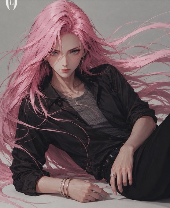 A 3D-rendered portrait of a pale-skinned woman with long, flowing pink hair wearing a black shirt and silver jewelry, sitting on the floor against a grey background.