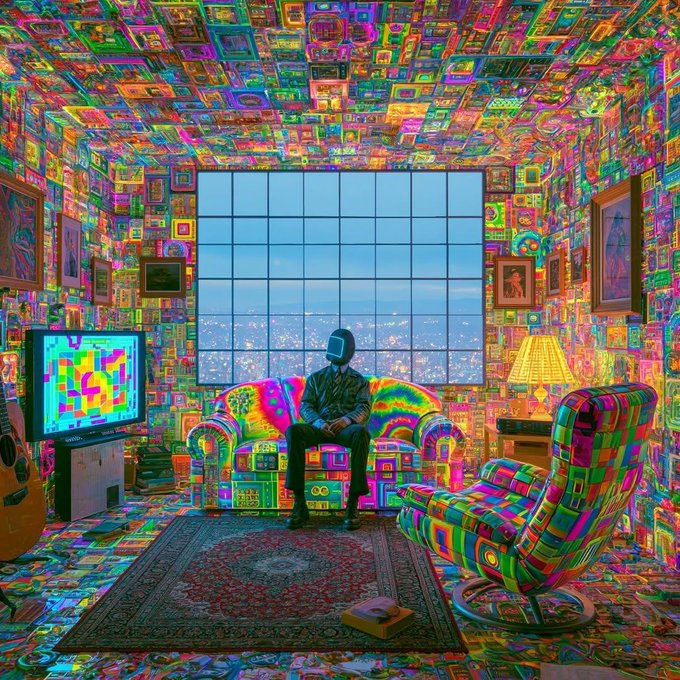 A figure wearing a VR headset sits on a sofa in a surreal, psychedelic room where every surface—including furniture, walls, ceiling, and rug—is covered in vibrant, colorful mosaic patterns, with a large window showing a cityscape at dusk.