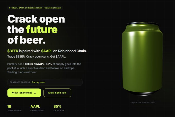 A promotional graphic for $BEER / $AAPL on Robinhood Chain, featuring a green beer can and text reading 'Crack open the future of beer' with an 85% launch LP.
