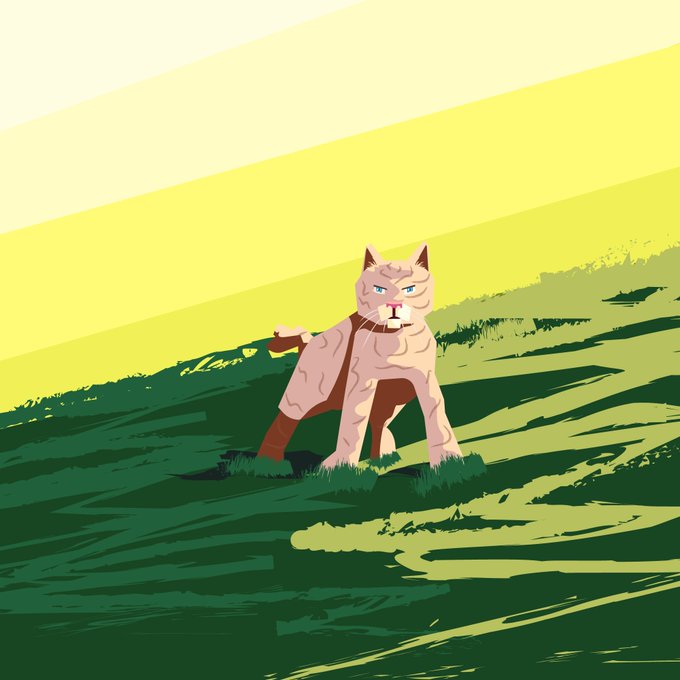 Stylized illustration of a hairless cat with blue eyes standing in green grass under a yellow sky.