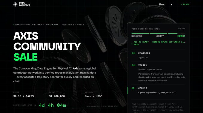 A website screenshot for the 'Axis Community Sale' powered by Sonar, showing details for $AXIS token with a price of $0.10, FDV of $1,000,000, Base - USDC payment option, and a countdown of 4d 4h 04m.