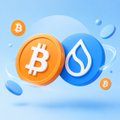 A stylized 3D illustration featuring a gold Bitcoin coin next to a blue Sui (SUI) cryptocurrency coin against a light blue background with water droplets.