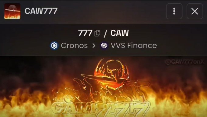 A cryptocurrency interface for token '777 / CAW' on Cronos via VVS Finance, branded as CAW777 with a flaming graphic and the handle @CAW777onX.