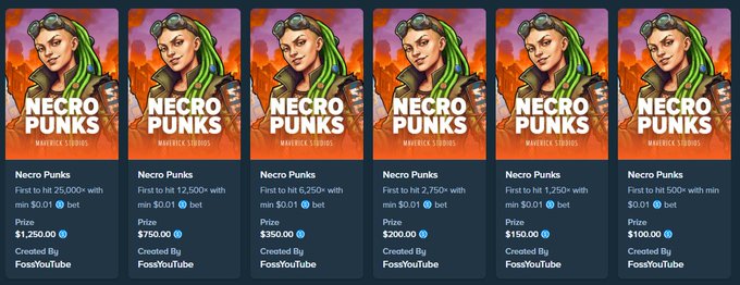 Six identical "Necro Punks" NFT challenge cards are displayed in a row, each offering different bonuses ranging from 2,000+ to 300+ with minimum bets from $0.01 to $1, ranging in price from $1,250 down to $100, all created by FosaYouTube. The image showcases the available weekly bonus challenges announced in the accompanying post about the Necro Punks release on Stake.com.