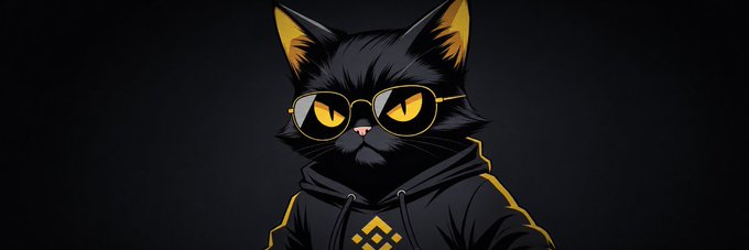 A stylized black cat with yellow eyes wearing aviator sunglasses and a dark hoodie featuring the Binance logo is displayed as a banner image. The cat's sleek, cool aesthetic likely represents the $Zhao Solana token, fittingly themed around Binance founder Changpeng Zhao.