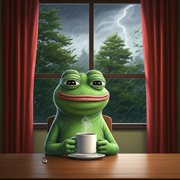 The image features a cartoon frog sitting at a table, holding a cup of coffee and looking sad or upset. The background includes a window with curtains that are open, allowing raindrops to fall outside. The caption for this image reads "how i started with @GeminiApp $PEPE red shows vs red shows".