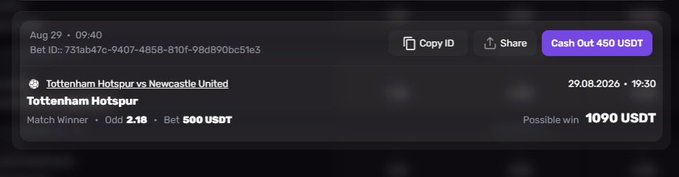 A screenshot of a sports betting platform shows a successful wager on Tottenham Hotspur vs Newcastle United for Match Winner at odds of 2.18, with a potential win of 1090 USDT from a 500 USDT bet.