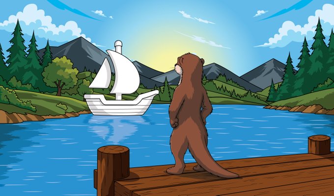 A brown otter stands on a wooden dock gazing at a sailboat on a lake surrounded by pine trees and mountains, symbolizing the project's mascot awaiting its upcoming OpenSea mint launch with only 48 hours left for public whitelist entry.