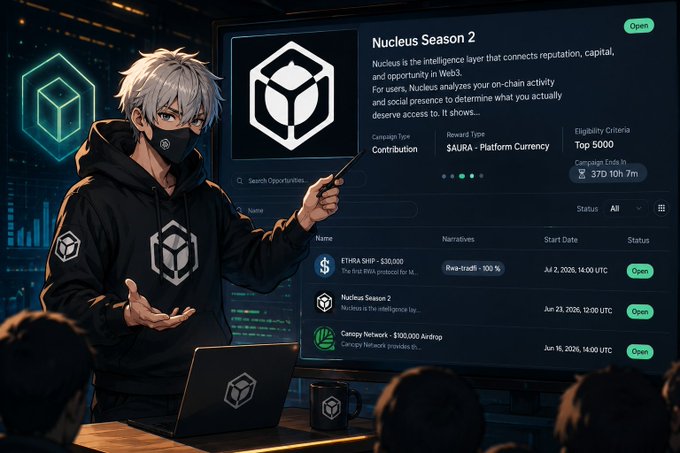 An anime-style illustration of a silver-haired character in a mask presenting 'Nucleus Season 2' on a large screen, describing it as an intelligence layer for Web3 with a $AURA token reward, showing opportunities like ETHA SHIP and Canopy Network.