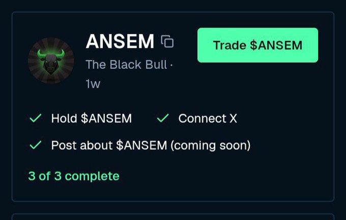 A trading card interface for the $ANSEM token labeled 'The Black Bull,' showing completed tasks including 'Hold $ANSEM' and 'Connect X' with a green 'Trade $ANSEM' button.