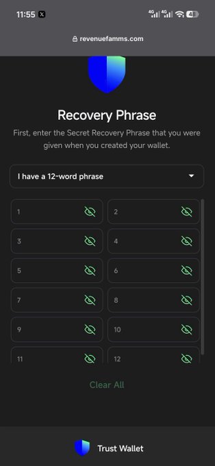 A mobile phone screenshot shows the Trust Wallet 'Recovery Phrase' page on revenuefamms.com with 12 empty word input fields.