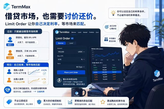 A Chinese-language promotional graphic for TermMax titled '借贷市场，也需要讨价还价。Limit Order 让你自己决定利率，等市场来匹配。' illustrating a 'Limit Order' feature for borrowing and lending, showing a user interface with AP rates and an animated man thinking.