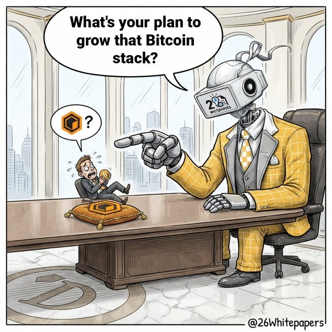 A cartoon by @26whitepapers shows a robot in a yellow suit asking a worried small man 'What's your plan to grow that Bitcoin stack?' while pointing at him.