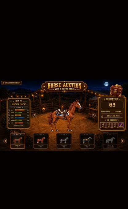 A screenshot of a Wild West-themed horse auction game (Yose & Crowe Ranch) showing Lot 01 "Ranch Rerun" stats, a current bid of 65, and several horse thumbnails to bid on.