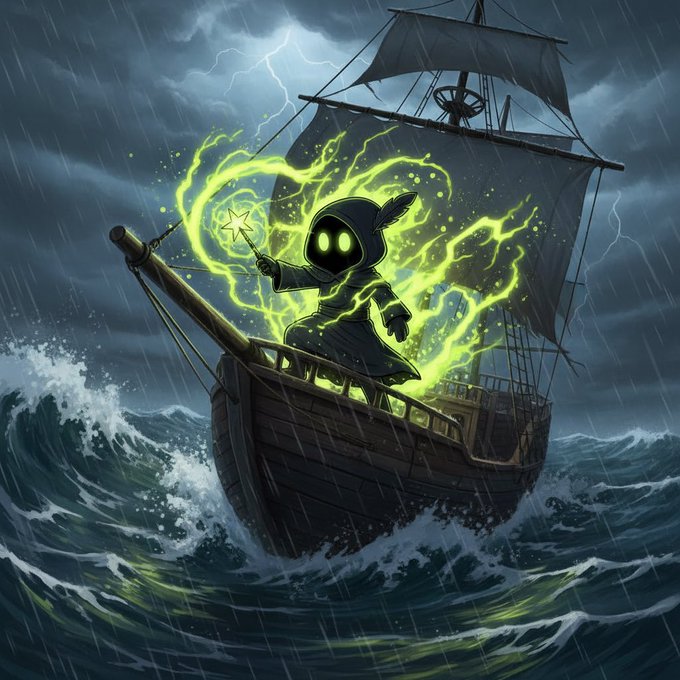 A digital illustration of a small, hooded character with glowing green eyes casting a spell with a wand, standing on the bow of a sailing ship in a stormy sea with lightning.
