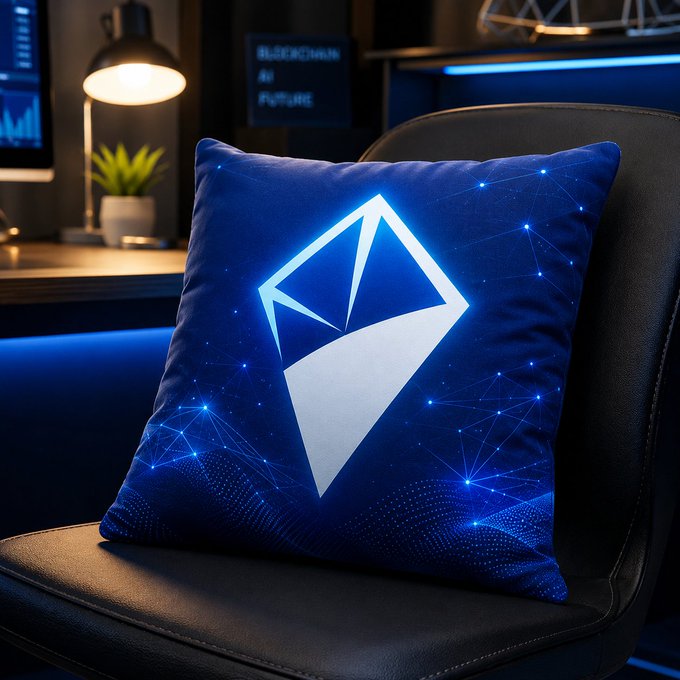 A blue decorative pillow featuring the Ethereum logo rests on a black chair in a dimly lit room, with a partially visible "BLOCKCHAIN IN FUTURE" sign on a monitor in the background. The image contrasts the Ethereum branding with the TRON-focused post about AINFT Grid's distributed computing initiative, highlighting the broader blockchain ecosystem context.