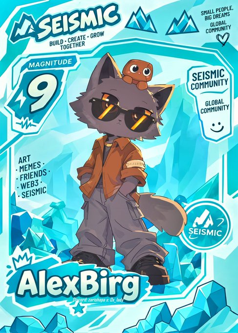A colorful trading card titled 'SEISMIC' featuring an anthropomorphic gray cat character named 'AlexBird' wearing sunglasses and an orange jacket, with a small brown bird on its head.