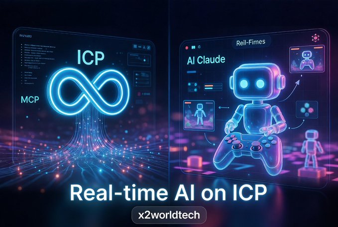 A promotional graphic titled 'Real-time AI on ICP' by x2worldtech features an infinity symbol labeled with 'ICP' and 'MCP', alongside an animated robot labeled 'AI Claude'.
