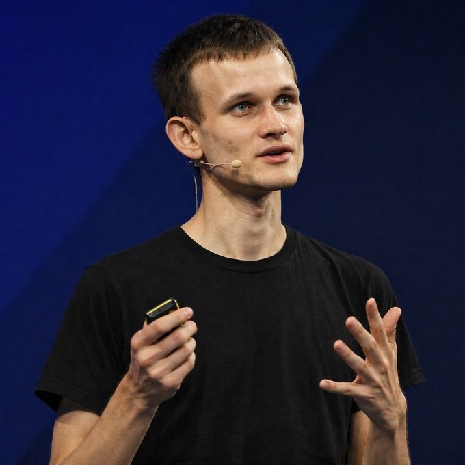 Vitalik Buterin, Ethereum co-founder, speaks on stage wearing a headset microphone and black t-shirt, holding a presentation clicker while gesturing with his other hand. The image accompanies reporting on his recent argument that AI could actually help prove programs meet security standards, rather than making cyberattacks unbeatable.