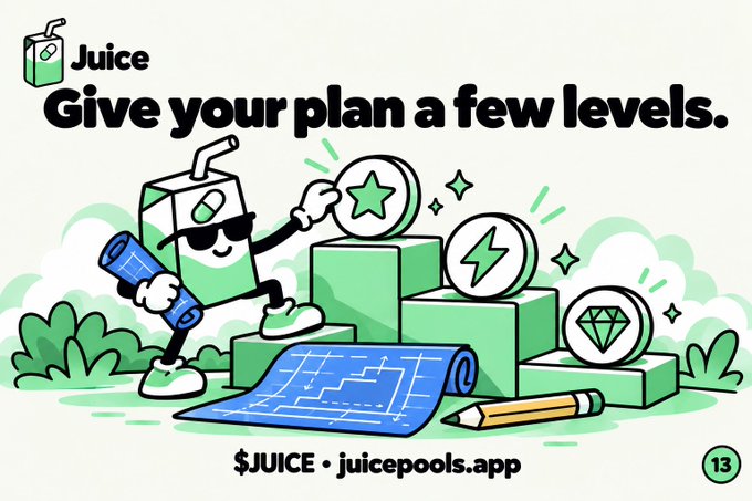 An illustrated advertisement for Juice ('$JUICE • juicepools.app') featuring a cartoon juice box character with sunglasses holding a blueprint, standing on steps next to coins with star, lightning, and diamond symbols, with the tagline 'Give your plan a few levels.'