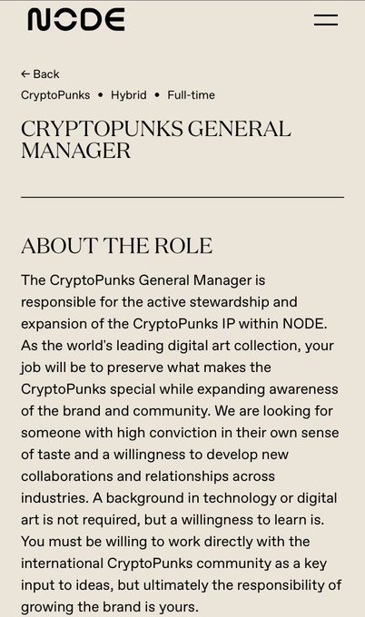 A job listing from NODE for a "CryptoPunks General Manager" position (full-time, hybrid role), highlighting that no background in technology or digital art is required, only a willingness to learn and engage directly with the international CryptoPunks community. The caption raises the irony of whether a web3 dream job managing the world's leading digital art collection would go to someone who doesn't even own a Punk.