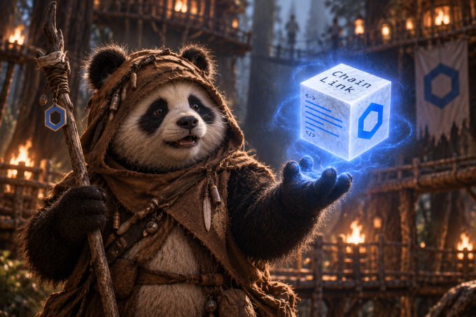 A robed panda warrior in a tribal village holds a glowing blue cube labeled "Chain Link," symbolizing its role as a mystical oracle of LINK in the "Chain Wars" world. The scene blends fantasy lore with crypto culture, casting Chainlink as an enchanted power source guiding clans.