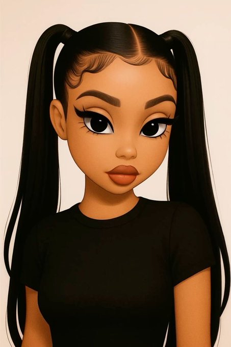The image features a cartoon girl with long black hair wearing a black shirt, posing for the camera against a white background. The caption below the image reads "Gm X family It's Another day to preach on @NomismaNetwork and @useTria". This suggests that the image is related to a social media post or advertisement promoting a brand or product.