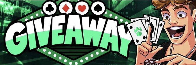 A promotional banner featuring a cartoon character holding playing cards and chips, with bold text reading "GIVEAWAY" beneath card suit symbols (club, diamond, heart, spade), advertising a $100 giveaway contest by @RadiantClipsIt and @Maccaclips.