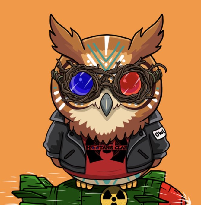 A stylized cartoon illustration of an owl with brown feathers wearing twig-frame sunglasses with blue and red lenses, a black leather jacket reading "HOOTANG CLAN," and sitting on a green missile.