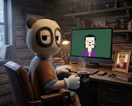 A 3D-rendered character with a panda head wearing a poncho sits at a wooden desk holding a mug labeled 'Gm', looking at a computer monitor that displays another pixel-art CryptoPunk avatar.