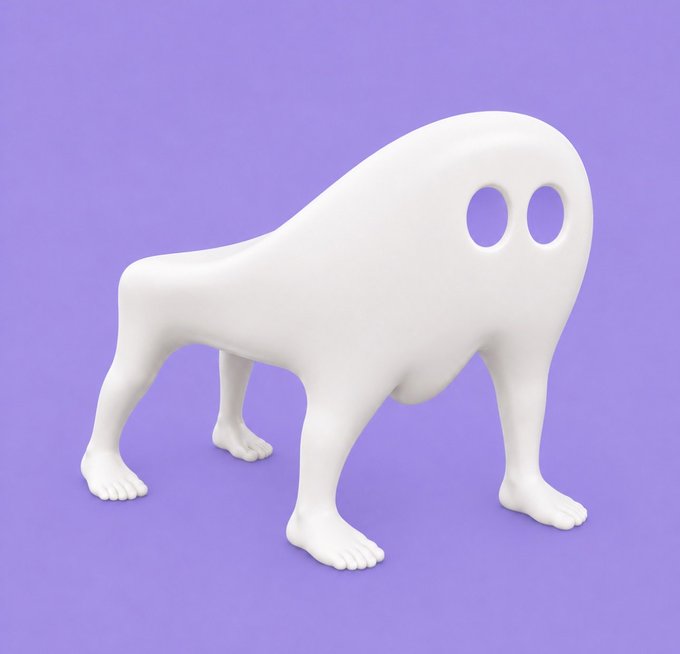 A minimalist 3D render of a smooth white ghost-like creature with two oval eye holes standing on a purple background.