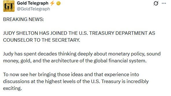 A tweet from Gold Telegraph (@GoldTelegraph) announcing that Judy Shelton has joined the U.S. Treasury Department as Counselor to the Secretary.