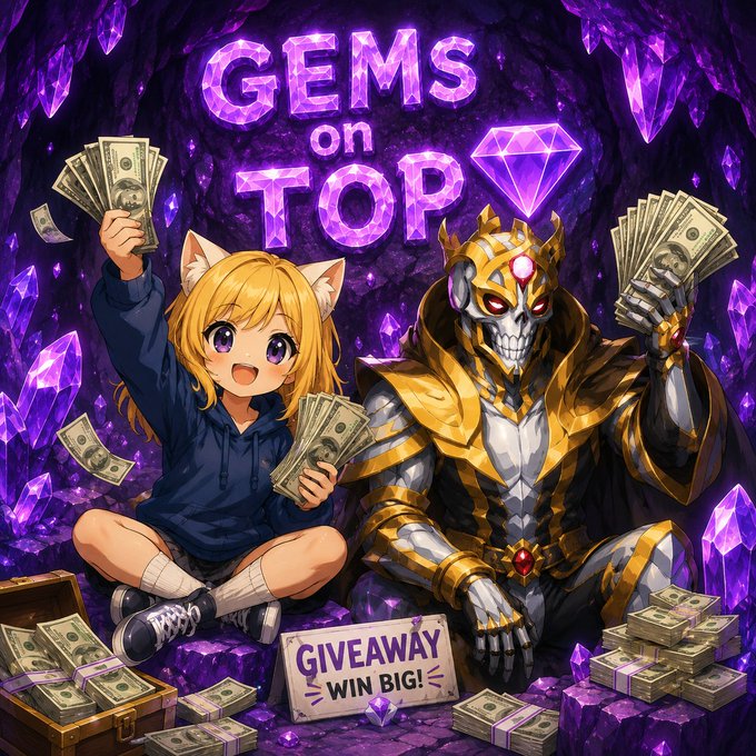 A vibrant, anime-style promotional graphic titled 'GEMS on TOP' featuring a young girl with cat ears and a skeletal figure in golden armor holding money, with stacks of cash and a 'GIVEAWAY WIN BIG!' sign.